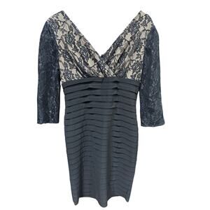 Adrianna Papell Dress Lace Black Nude Tiered 3/4 Sleeves 6 Elegant Event Party